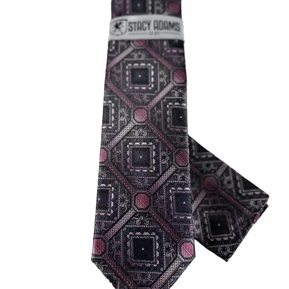 Stacy Adams Men's Tie Hanky Pink Black Charcoal Gray Diamond Handmade 3.25